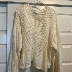 Free People Cream Textured V-Neck Sweater
